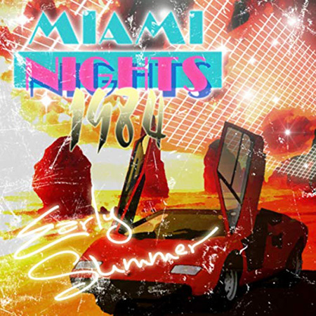 Neon cover art of supercar with gull wing doors on beach Neon cover art of supercar with gull wing doors on beach